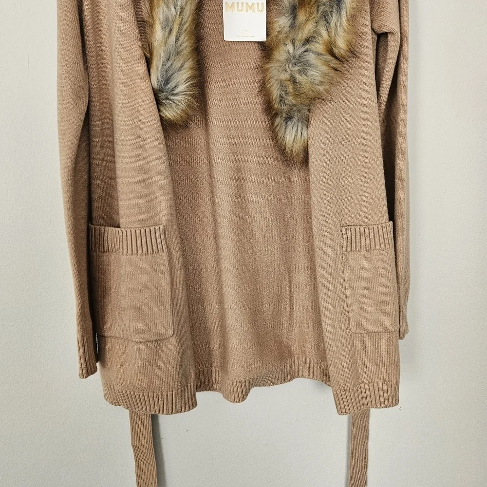 NWT Show Me Your MuMu cabin cardigan sweater with faux fur Trim Belt Size S